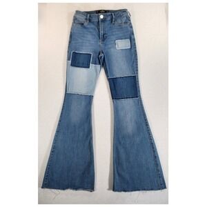 Hollister Flare Jeans Womens 5S Blue Patchwork High Rise Raw Hem Stretch Hippie
